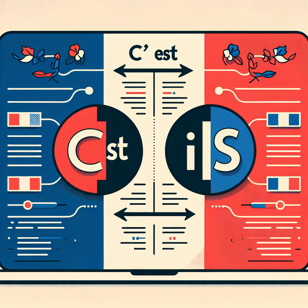 Illustration of a person studying French grammar with illustrations of 'c'est' and 'il est'