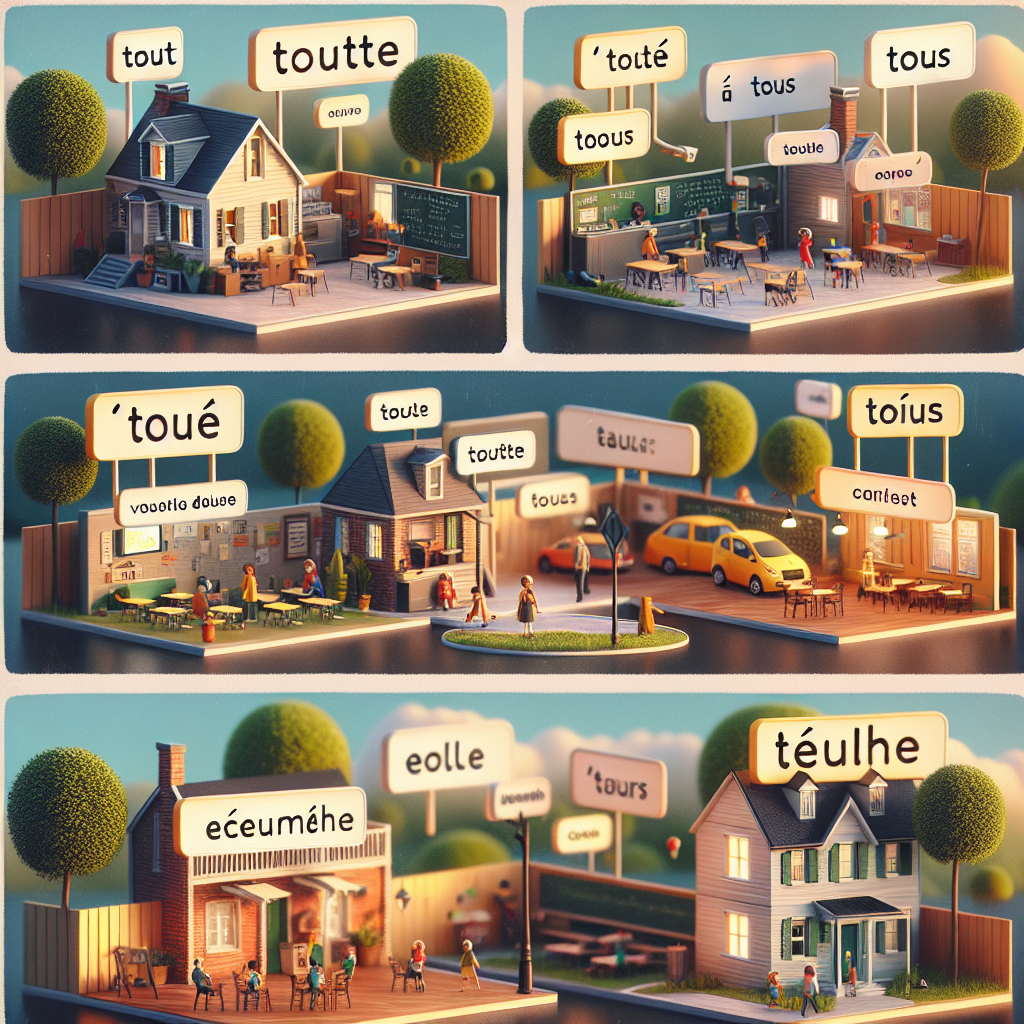 Illustration of the different use cases of Tout, Toute, Tous, Toutes in French grammar